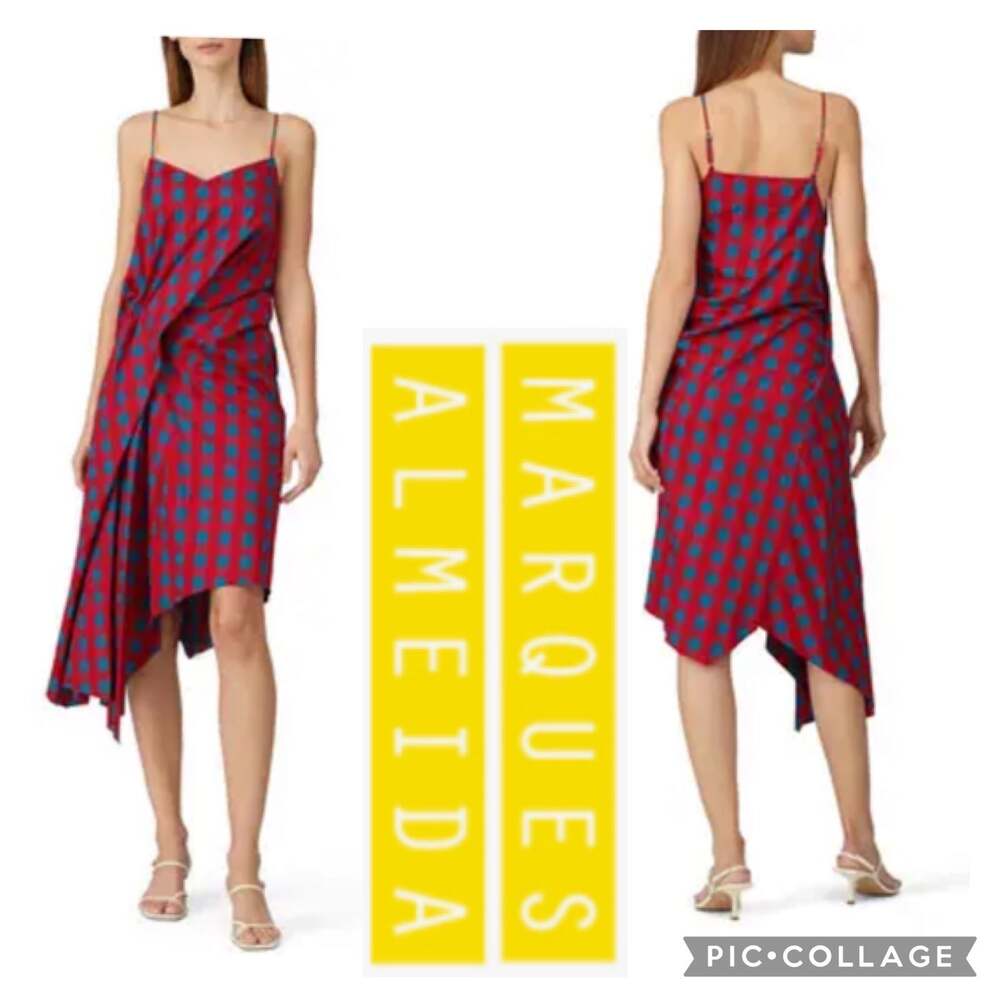 Marques Almeida 2010s Red Blue Asymmetrical Cotton Dress Size Small